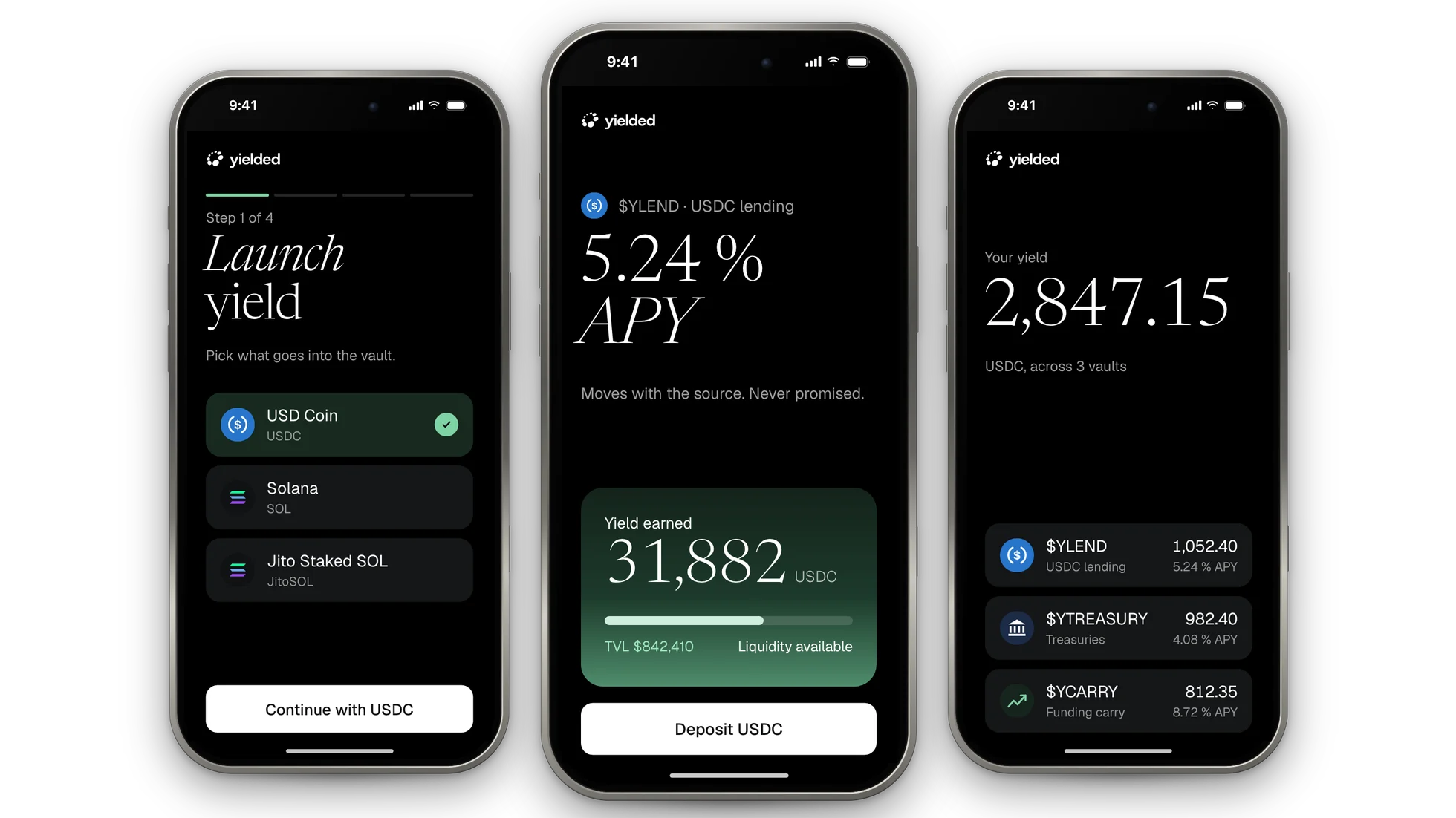 yielded app on three iPhones: the launch wizard, the $YLEND yield page, a portfolio of vault tokens